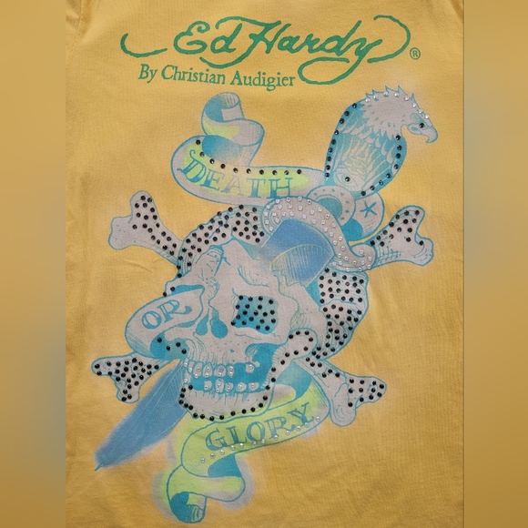 Y2K DON ED HARDY by Christian Audigier Yellow Tee Men Large - Picture 2 of 8